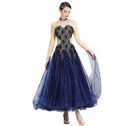 MLYYX Women's Ballroom Dancing Performance Dresses Modern Dance Costumes Tango Dancewear Lace Long Sleeve Waltz Clothes,dark blue,XXL