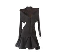 MLYYX Women's Fringe Latin Performance Dancing Outfits Long Sleeves Cha Cha Tango Costume Simple Salsa Ballroom Dresses for Rumba Samba,Black,XXL