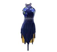 MLYYX Women's Latin Dance Dress Salsa Cha Cha Performance Costume Tassel Ballroom Dance Skirt Embroidery Clothing,Blue,M