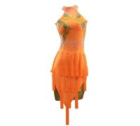 MLYYX Women's Latin Dance Dress Salsa Cha Cha Performance Costume Tassel Ballroom Dance Skirt Embroidery Clothing,Orange,XXL
