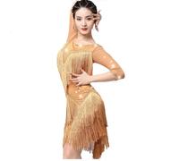 MLYYX Women's Tango Cha Cha Practice Dresses Fringed Latin Dance Dress with Rhinestones Salsa Training Dancing Costumes,golden,XXXL