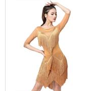 MLYYX Women's Tango Cha Cha Practice Dresses Fringed Latin Dance Dress with Rhinestones Salsa Training Dancing Costumes,golden,M