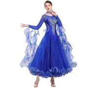 MLYYX Women's Waltz Tango Competition Costumes Embroidery Ballroom Dancing Dresses Long Sleeve Modern Salsa Dance Dress,Blue,3XL