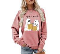 MLZHAN I Got a Rock Women Halloween Sweatshirt Funny Spooky 2 Ghost Graphic Long Sleeve Shirts Female Fall Winter Tops (Rose Gold,M)