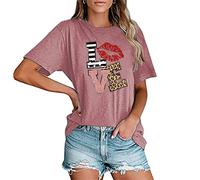 MLZHAN Valentines Day Tops Women Lips Leopard Love Tshirts Summer Crewneck Short Sleeve Aesthetic Fashion Shirt (Rose Gold,XXL,XXL)