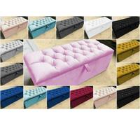 mm08enn Chesterfield Large Ottoman Storage Box Footstool Stool Home Chair in Soft Plush Fabric (Blue, Matching Fabric Buttons)