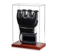 MMA Glove Display Case - No Assembly - Clear Acrylic Showcase with Wood Base, Single Holder, UV Protection Souvenirs and Collectibles Box