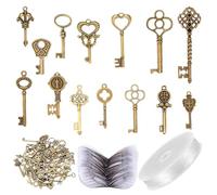 MMDBD 50 Pieces Vintage Key Decorative Antique Pendant Set, Decorative Pendant Key with 50 x Dragonfly Wings, 1 x 30 m Bead Wire, for Necklace Making, Jewellery, Crafts, Keys
