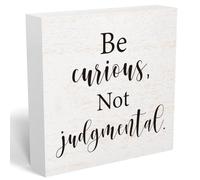 mmiishe Inspirational Wooden Box Sign Decorative Motivational Be Curious Not Judgmental Wood Box Sign Home Bedroom Office Decor Rustic Farmhouse Square Desk Decor Sign for Shelf 5 x 5 Inches