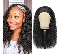 mmiQus 12A Headband Human Hair Wigs Water Wave None Lace Front Glueless Wig With Pre-attached Scarf for Black Women Curly Water Wave Put and Go Wig Natural Beginner-Friendly 16 Inch