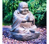 MMJ Solar Powered Laughing Happy Garden Buddha With LED Lights No wiring required Easy Assembly Install Anywhere Rechargeable Battery Included 30cm (Approx.) - Stone Effect.