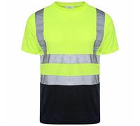 MMK® Hi Viz Short Sleeve Crew Neck Two Tune T-Shirts - Men's High Visibility Reflective Tape Safety Hi Viz Vis Security Work Breathable Lightweight Workwear Double Tape T-Shirt Tops (Yellow, S)
