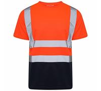 MMK® Hi Viz Short Sleeve Crew Neck Two Tune T-Shirts - Men's High Visibility Reflective Tape Safety Hi Viz Vis Security Work Breathable Lightweight Workwear Double Tape T-Shirt Tops (Orange, L)