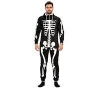 MMK Manchester® Mens Women's Halloween Skeleton All in One Onesie Hooded Jumpsuit - Unisex Halloween Loungwear Jumpsuits (Black, Large)