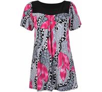 MMK Manchester® Womens Floral Print Ladies Short Sleeves Stretch Round Scoop Neckline Long Smock Tunic Blouse T-Shirt Top (Cerise, 18)