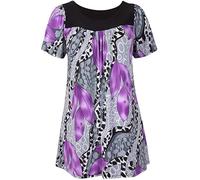 MMK Manchester® Womens Floral Print Ladies Short Sleeves Stretch Round Scoop Neckline Long Smock Tunic Blouse T-Shirt Top (Purple, 14)