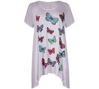 MMK Manchester® Women's Glitter Bead Butterfly Print T-Shirt - Ladies Round Scoop Neck Motif Hanky Hem Long Top (White, 22-24)