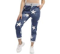 MMK Manchester® Women's Italian Multi Printed Floral Turn Up Trouser - Ladies Elasticated Waistband Causal Summer Drawstring Pant with Side Pockets Gym Running Workout (Star Dark Denim, 16-20)