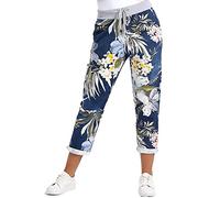 MMK Manchester® Women's Italian Multi Printed Floral Turn Up Trouser - Ladies Elasticated Waistband Causal Summer Drawstring Pant with Side Pockets Gym Running Workout (Tropical Dark Denim, 10-14)