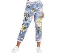 MMK Manchester® Women's Italian Multi Printed Floral Turn Up Trouser - Ladies Elasticated Waistband Causal Summer Drawstring Pant with Side Pockets Gym Running Workout (Tropical Light Denim, 16-20)