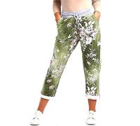 MMK Manchester® Women's Italian Multi Printed Floral Turn Up Trouser - Ladies Elasticated Waistband Causal Summer Drawstring Pant with Side Pockets Gym Running Workout (Floral Olive, 10-14)