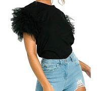 MMK Manchester® Women's Round Neck Short Sleeves Tulle T-Shirt - Ladies Scoop Neck Frill Mesh Puff Sleeve Summer Casual Party Top (Black, 16-18)