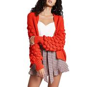 MMK® Women’s Winter Wear Chunky Knitted Oversized Baggy Cardigan - Ladies Bubbles Bobble Sleeve Open Front Boyfriend Cardigan Jumper Sweater (Red, 12-14)