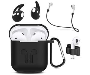 MMOBIEL Case Cover Compatible with AirPods 1/2 - Silicone Shockproof Case - Protective Cover Skin for Airpods - 6 in 1 Set with Clip Ear Hooks Strap - Black