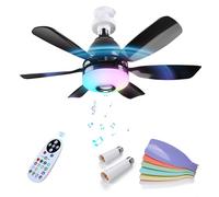 MMOBIEL Socket Fan Light with Remote LED Ceiling Fan Bulb with Bluetooth Speaker, Music Sync, 7 RGB Modes, 3000K-6500K Dimmable, 3 Speeds, 2x6 Blades - E27 Screw Base for Bedroom, Kitchen - Black