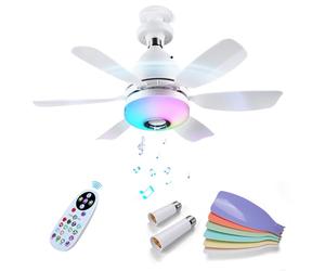 MMOBIEL Socket Fan Light with Remote LED Ceiling Fan Bulb with Bluetooth Speaker, Music Sync, 7 RGB Modes, 3000K-6500K Dimmable, 3 Speeds, 2x6 Blades - E27 Screw Base for Bedroom, Kitchen - White