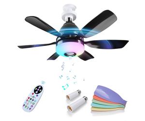 MMOBIEL Socket Fan Light with Remote LED Ceiling Fan Bulb with Bluetooth Speaker, Music Sync, 7 RGB Modes, 3000K-6500K Dimmable, 3 Speeds, 2x6 Blades - E27 Screw Base for Bedroom, Kitchen - Black