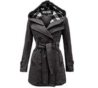 MMOOVV Ladies Winter Coat Hooded Belted Double-Breasted Tunic Outwear with Pockets Jacket Casual Slim Warm Outdoor Trench Coat(Gray,XL)