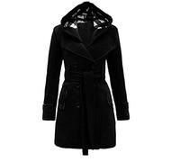 MMOOVV Ladies Winter Coat Hooded Belted Double-Breasted Tunic Outwear with Pockets Jacket Casual Slim Warm Outdoor Trench Coat(Black,M)