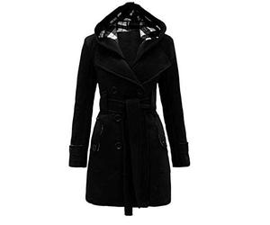 MMOOVV Ladies Winter Coat Hooded Belted Double-Breasted Tunic Outwear with Pockets Jacket Casual Slim Warm Outdoor Trench Coat(Black,3XL)