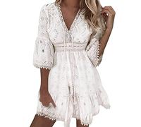MMOOVV Spring Summer Lace Patchwork Floral Neck Sexy V Neck Flared Sleeve Holiday Dress Long Sleeve Dress Women, Wh1, L