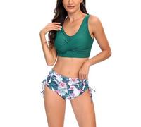 MMOOVV Swimsuit Two Piece Vintage Swimsuit for Women Retro Halterneck Ruched Bikini with High Waist and Bottom, AG, L