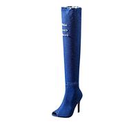 MMOOVV Vintage Denim Women's Boots with Medium Heel, Fashionable Denim Look Overknee Boots for a Trendy Appearance, blue, 6 UK