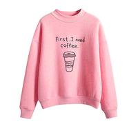 MMOOVV Women's Casual Shirts Solid Color Coffee cupPrint Long Sleeves Crew Neck Sweatshirt Hoodie Striped O-Neck Loose Top Blouse Summer Autumn winterPink (Turquoise)