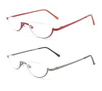 MMOWW 2 Pack Half Moon Reading Glasses for Men Women Slim Metal Half Frame Readers Semi Rimless Eyewear with Spring Hinge (Red+Gray, 2.75)
