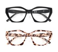 MMOWW 2 Pack Reading Glasses for Women Cat-Eye Frame Oversized Glasses Square Blue Light Blocking with Spring Hinge Computer Readers (Black+Grey Leopard, +2.5)