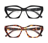 MMOWW 2 Pack Reading Glasses for Women Cat-Eye Frame Oversized Glasses Square Blue Light Blocking with Spring Hinge Computer Readers (Black+Brown Leopard, +2.0)