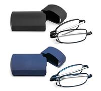 MMOWW 2 Pair Folding Reading Glasses With Flip Case, Blue Light Blocking Mini Compact Portable Pocket Reader for Men and Women (Black+Blue, +3.0)