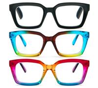 MMOWW 3-Pack Oversized Reading Glasses for Women - Anti Blue Light Glasses with Square Frame (Black+Light blue+Rainbow, +3.5)