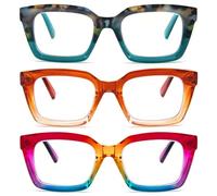 MMOWW 3-Pack Oversized Reading Glasses for Women - Anti Blue Light Glasses with Square Frame (Hawksbill blue+Orange+Rainbow, +1.75)