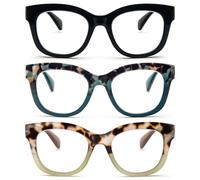 MMOWW Oversized Reading Glasses 3 Pack for Women Blue Light Blocking with Spring Hinge Computer Readers Ladies (3 Mix Color, +1.0)