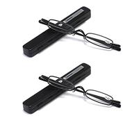 MMOWW Pack of 2 Mini Metal Reading Glasses Women Men Spring Hinge Classic Small Slim Lightweight Reading Aid Eye Glasses with Case (Black, +2.5)