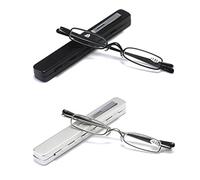 MMOWW Pack of 2 Mini Metal Reading Glasses Women Men Spring Hinge Classic Small Slim Lightweight Reading Aid Glasses with Case (Black + Silver, +2.5)
