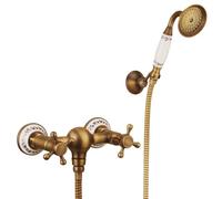 MMRTDJDR Bath Shower Mixer Tap Wall Mounted Bathtub Faucet Vintage Style Brass Dual Handle Bath Taps, Bathroom Tub Faucet, with Handshower and 1.5m Shower Hose, Antique Brass