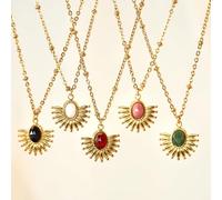 MMRTDJDR Bohemian fan-shaped inlaid natural stone stainless steel pendant necklace 14 gold personality round bead chain