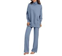 MMRTDJDR Soft Touch Pajama Sets for Women 2026 Women's Autumn Winter Solid Color Long Sleeve Turtleneck Knit Sweater Wide Leg Pants Loose Version Of Casual Home Wear Sets Women Christmas Pajamas Set